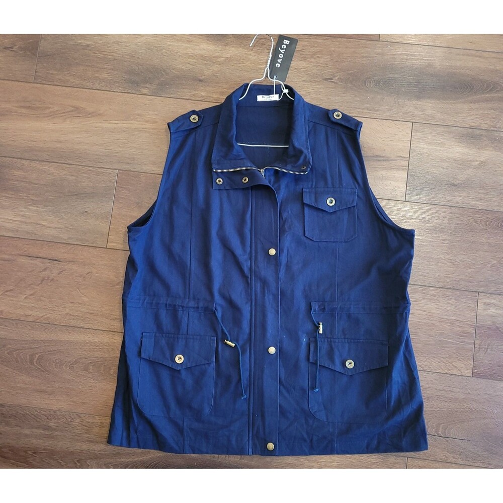 Utility Vest Womens 2XL Beyove Navy Pockets Snap Zip Front Anorak NEW FLAW